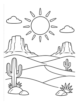A bright desert scene with cacti in this sun coloring page.