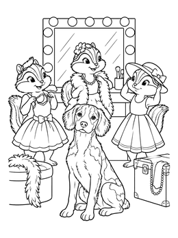 A seated dog in this brittany coloring page alongside three chipmunks trying on dresses before a lit mirror.
