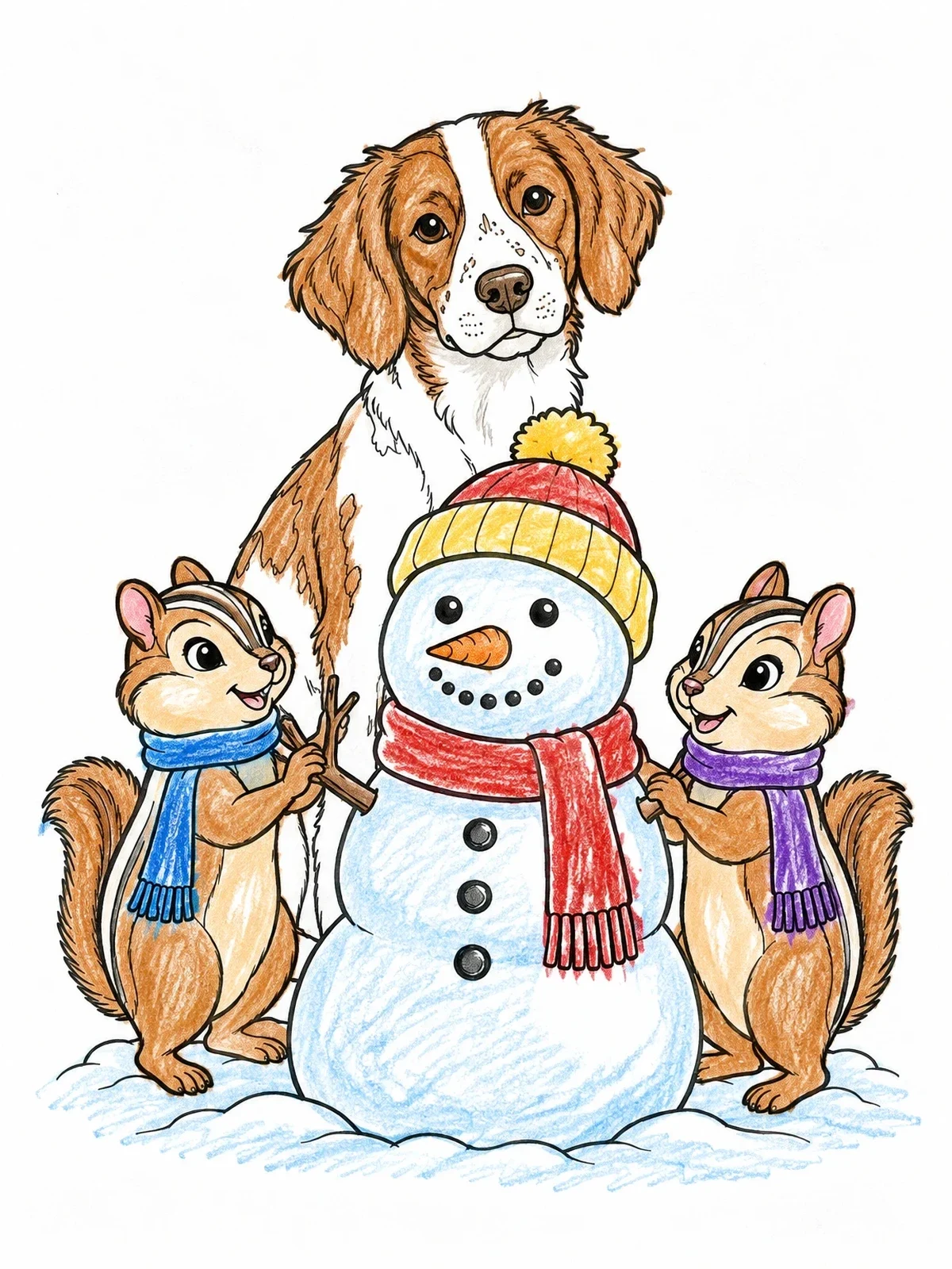 Colored example of the Brittany Dog Watching Chipmunks Build Snowman coloring page