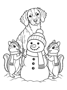 A brittany coloring page featuring a gentle dog watching two cute chipmunks decorate a snowman.