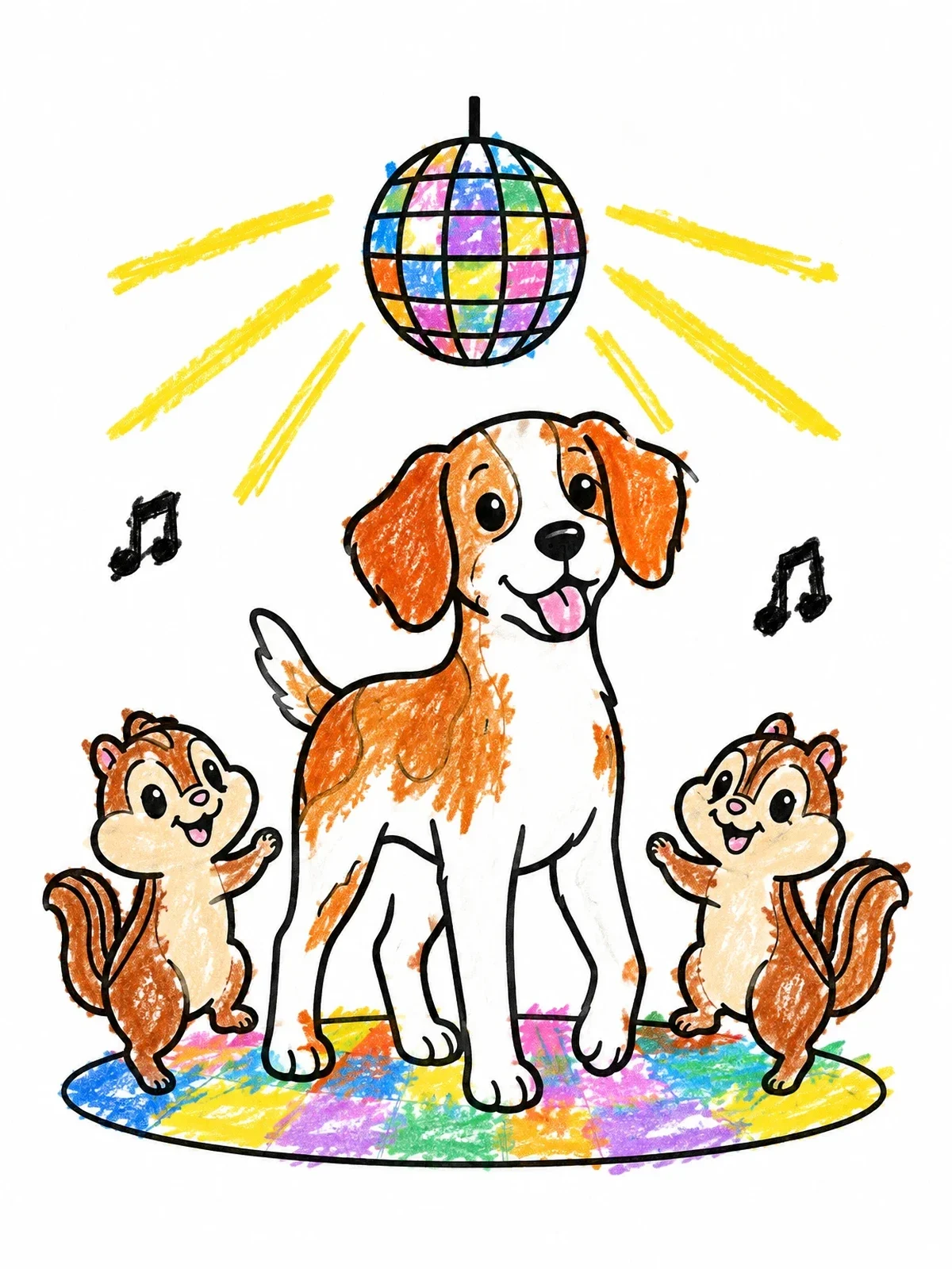 Colored example of the Brittany Dog And Dancing Chipmunks coloring page