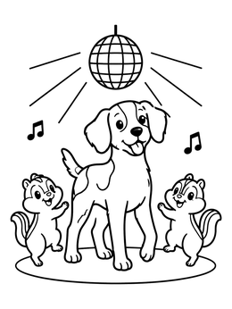 Free printable Brittany Dog And Dancing Chipmunks coloring page