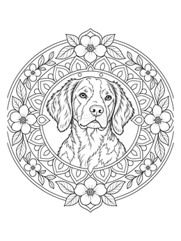 An intricate brittany coloring page featuring a dog portrait inside a floral circular frame.