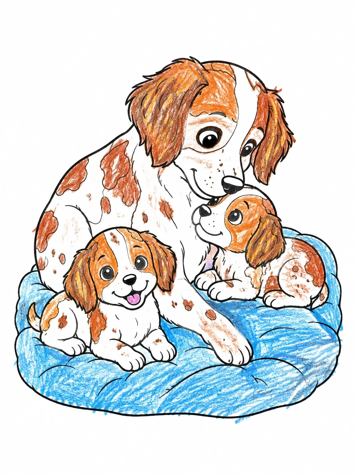 Colored example of the Brittany Dog With Sweet Puppies coloring page