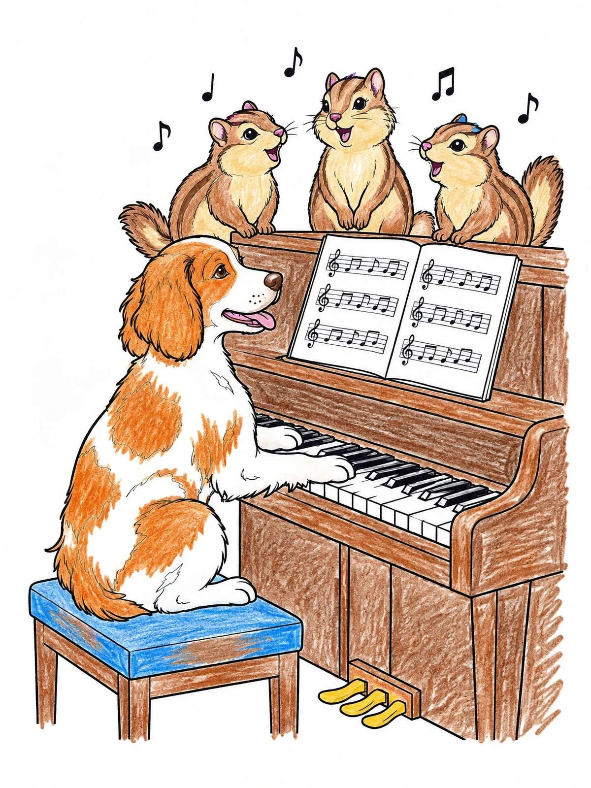 Colored example of the Brittany Dog Playing Piano With Singing Chipmunks coloring page