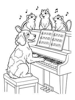 A cheerful Brittany dog plays piano accompanied by singing chipmunks in this delightful brittany coloring page.