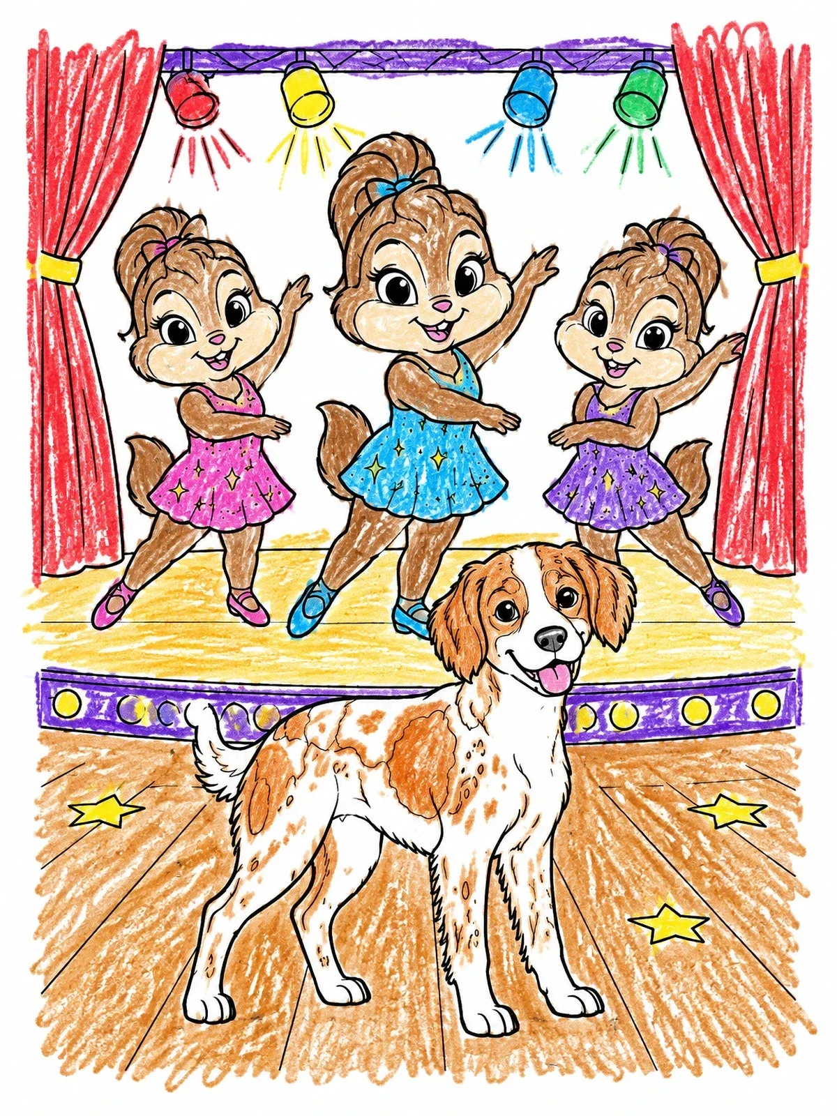 Colored example of the Brittany Dog With Dancing Chipmunks coloring page