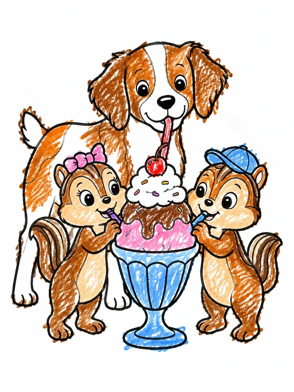 Colored example of the Brittany Puppy And Chipmunks Sharing Sundae coloring page