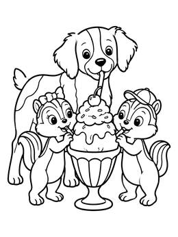 A cute brittany coloring page with chipmunks and a puppy enjoying a giant ice cream sundae.