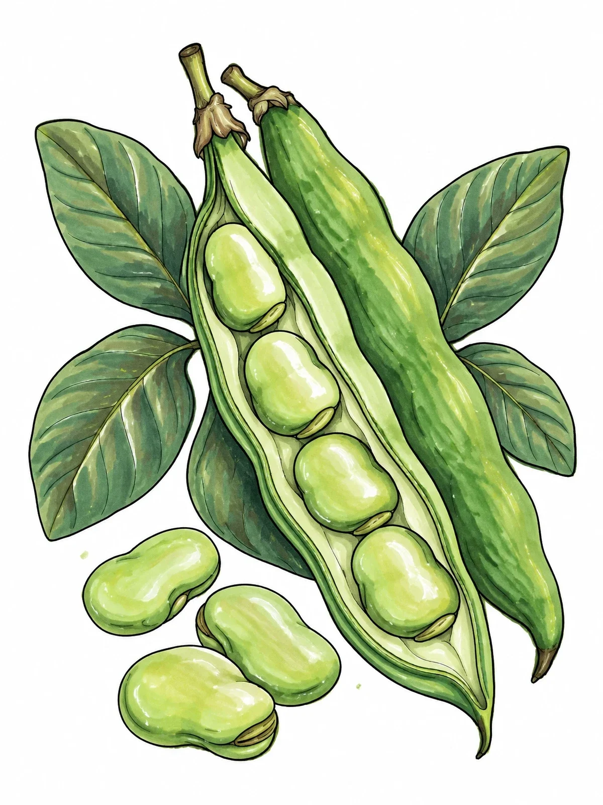 Colored example of the Broad Fava Beans In Pod coloring page