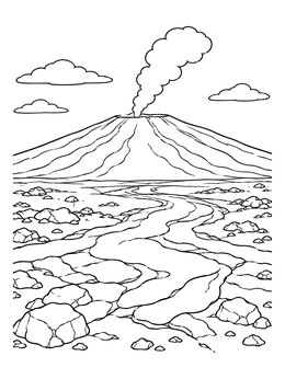 A wide shield volcano coloring page featuring rocky plains and gentle lava channels.