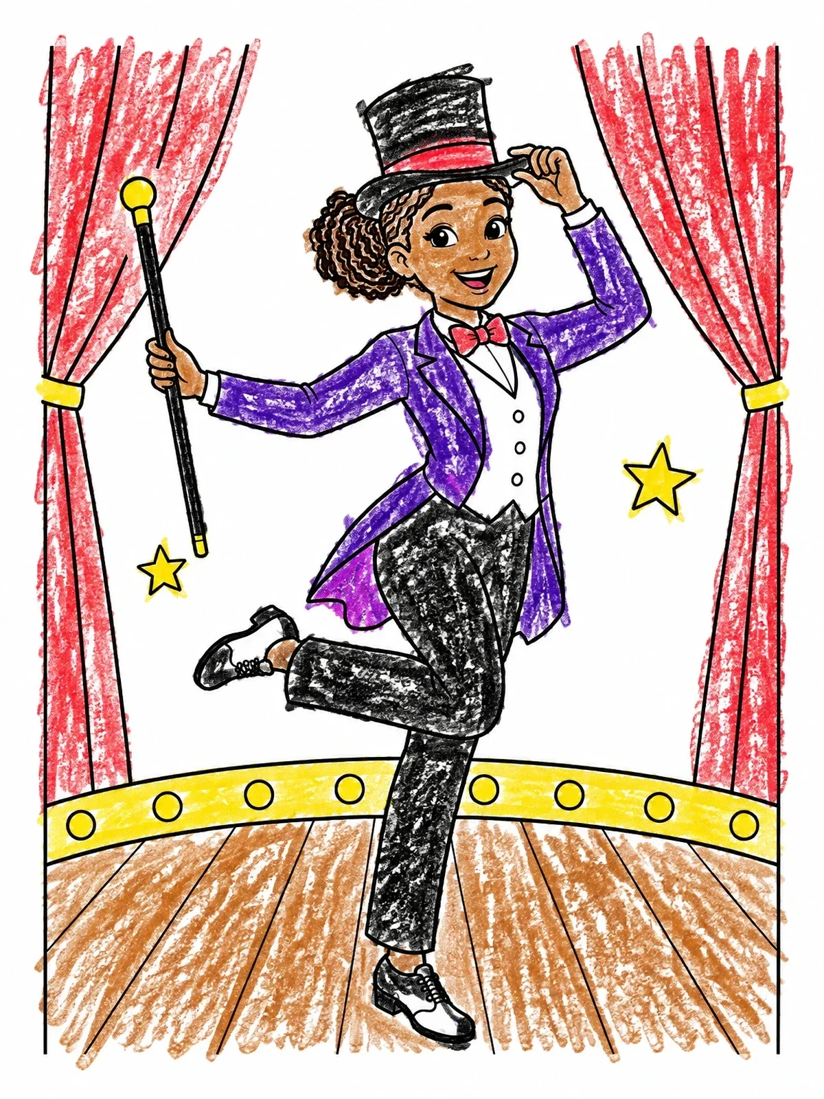 Colored example of the Broadway Dancer On Stage coloring page