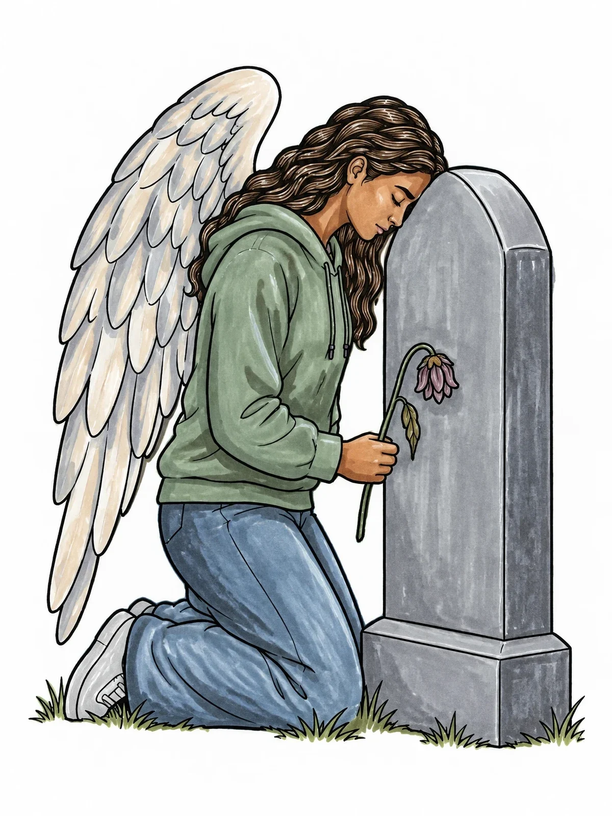 Colored example of the Angel Kneeling At Graveyard Monument coloring page