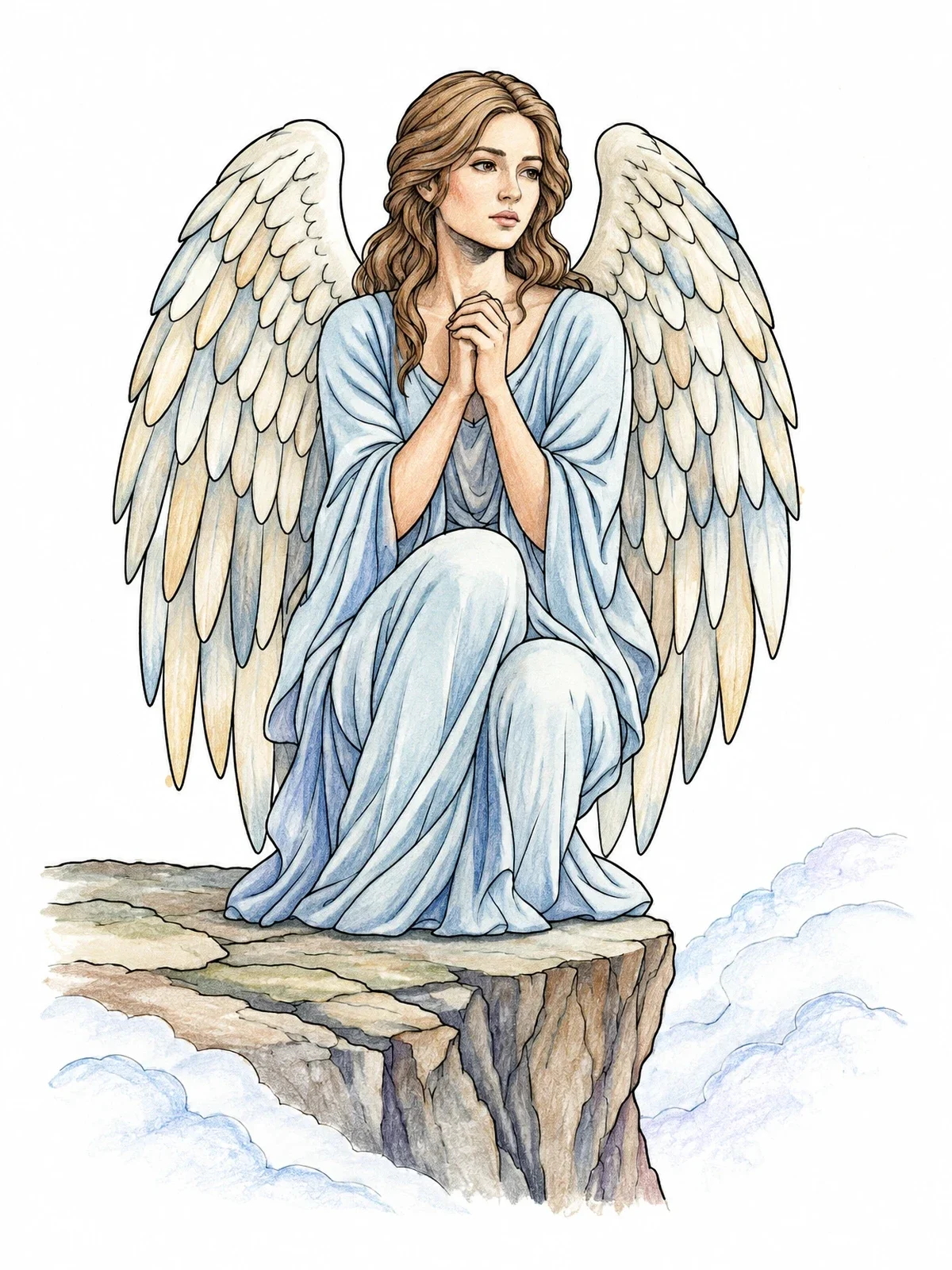 Colored example of the Angel Kneeling On Rocky Cliff coloring page