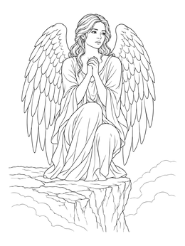 A broken angel fallen angel coloring page featuring a winged woman kneeling on a high cliff edge.