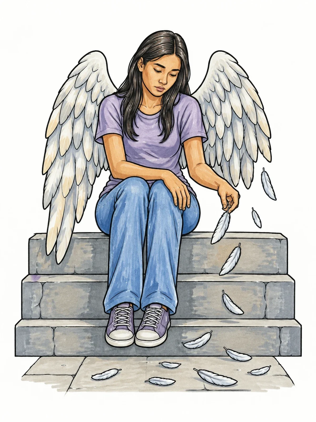 Colored example of the Angel Sitting On Stone Steps coloring page