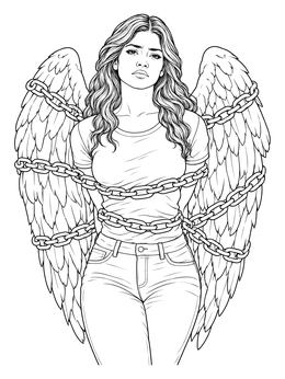 A broken angel fallen angel coloring page featuring a chained woman with large feathered wings.