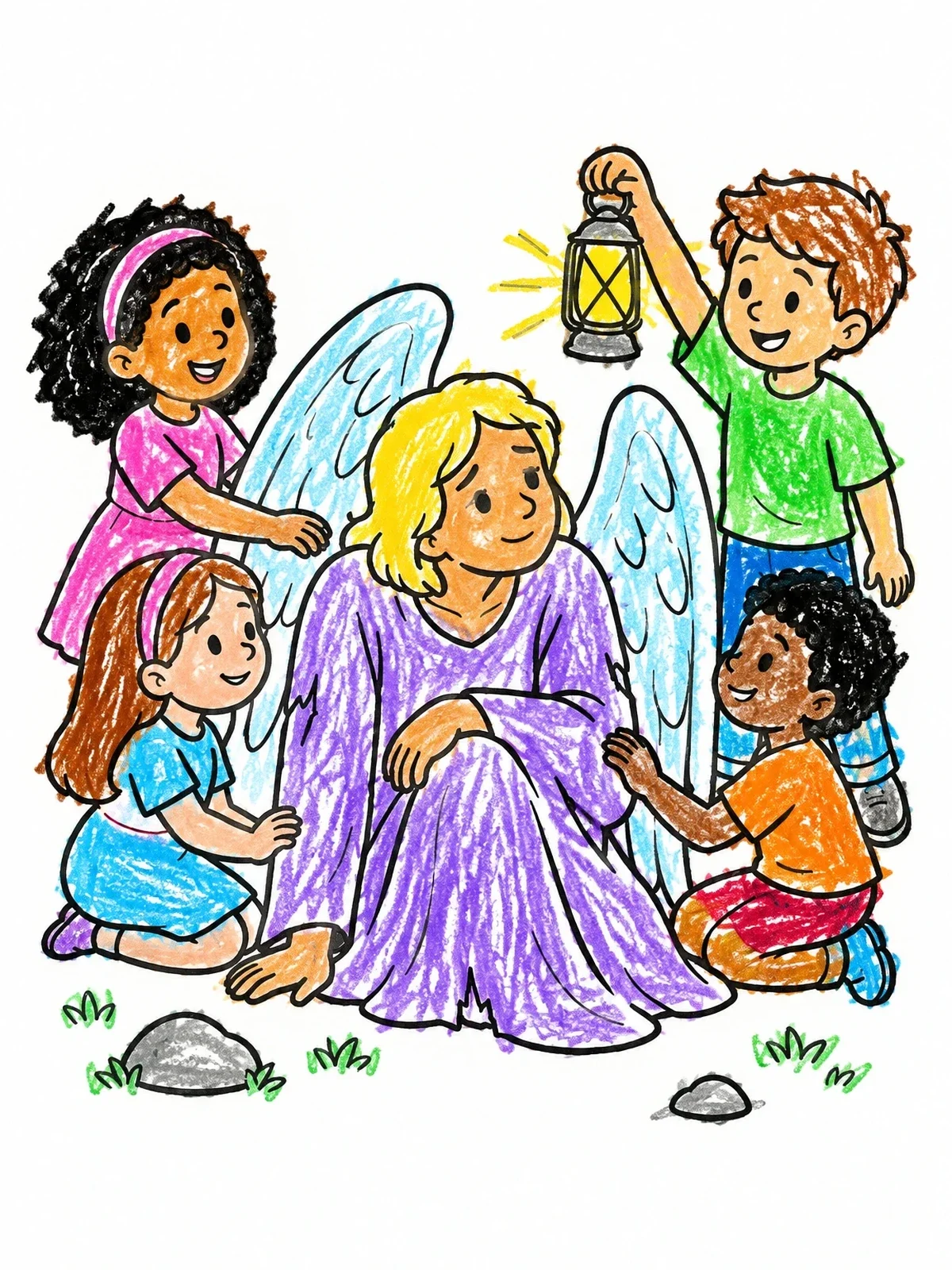 Colored example of the Children Helping A Resting Angel coloring page