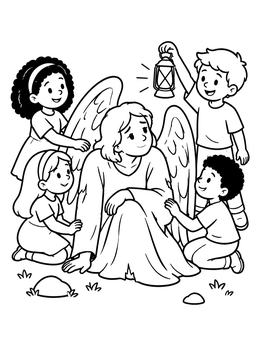 Free printable Children Helping A Resting Angel coloring page
