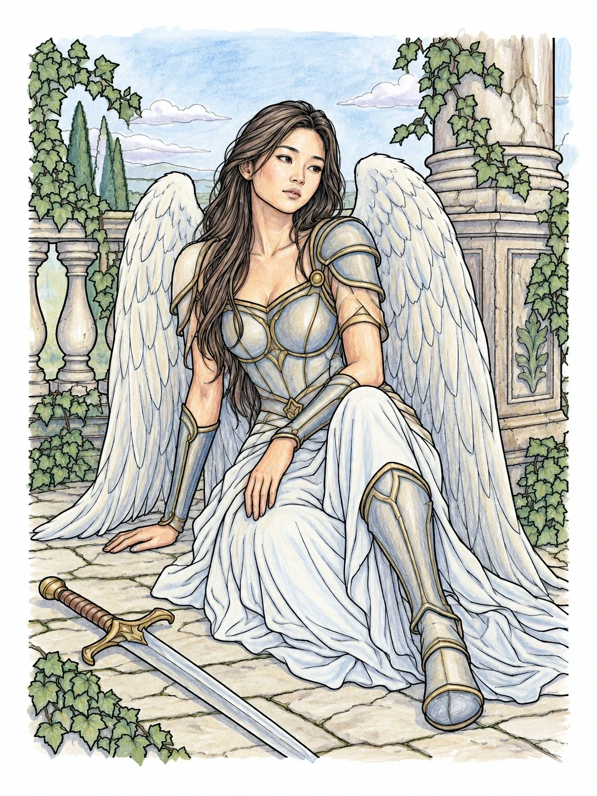 Colored example of the Fallen Angel On Stone Terrace coloring page