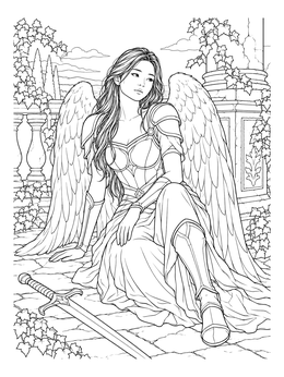 A broken angel fallen angel coloring page showing a winged warrior resting on a terrace.