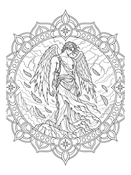 A detailed broken angel fallen angel coloring page framed by an ornate circular mandala with feathers drifting.