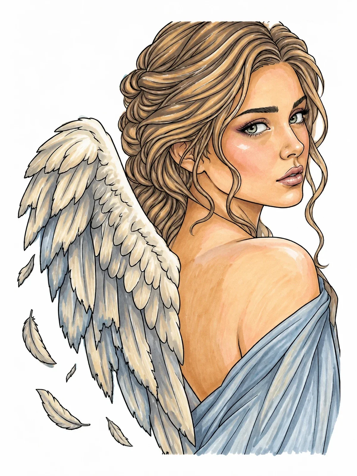 Colored example of the Fallen Angel With Molting Wing coloring page