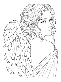 A detailed broken angel fallen angel coloring page featuring a graceful woman with feathers drifting from her wing.