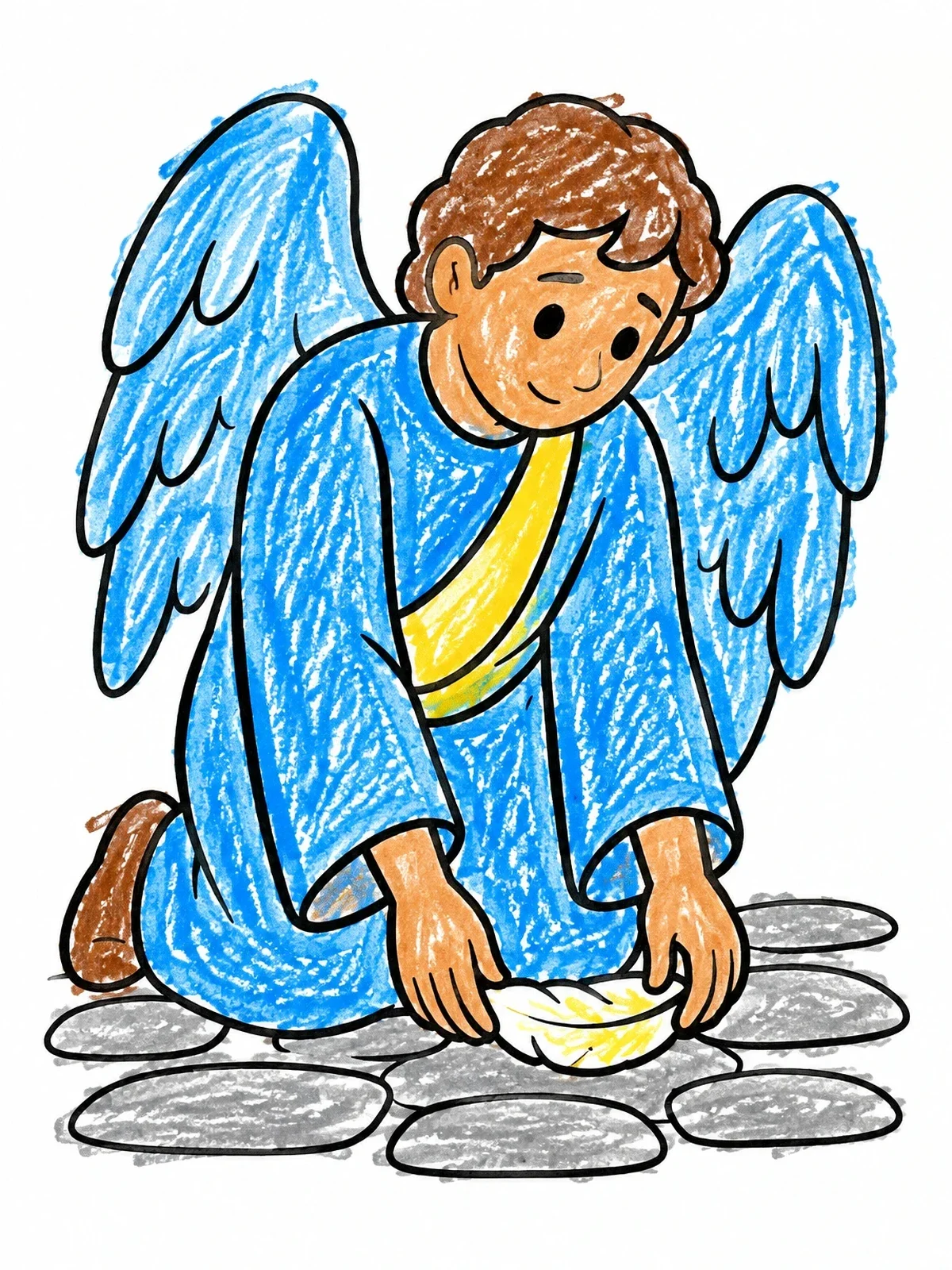 Colored example of the Kneeling Angel With Fallen Feather coloring page