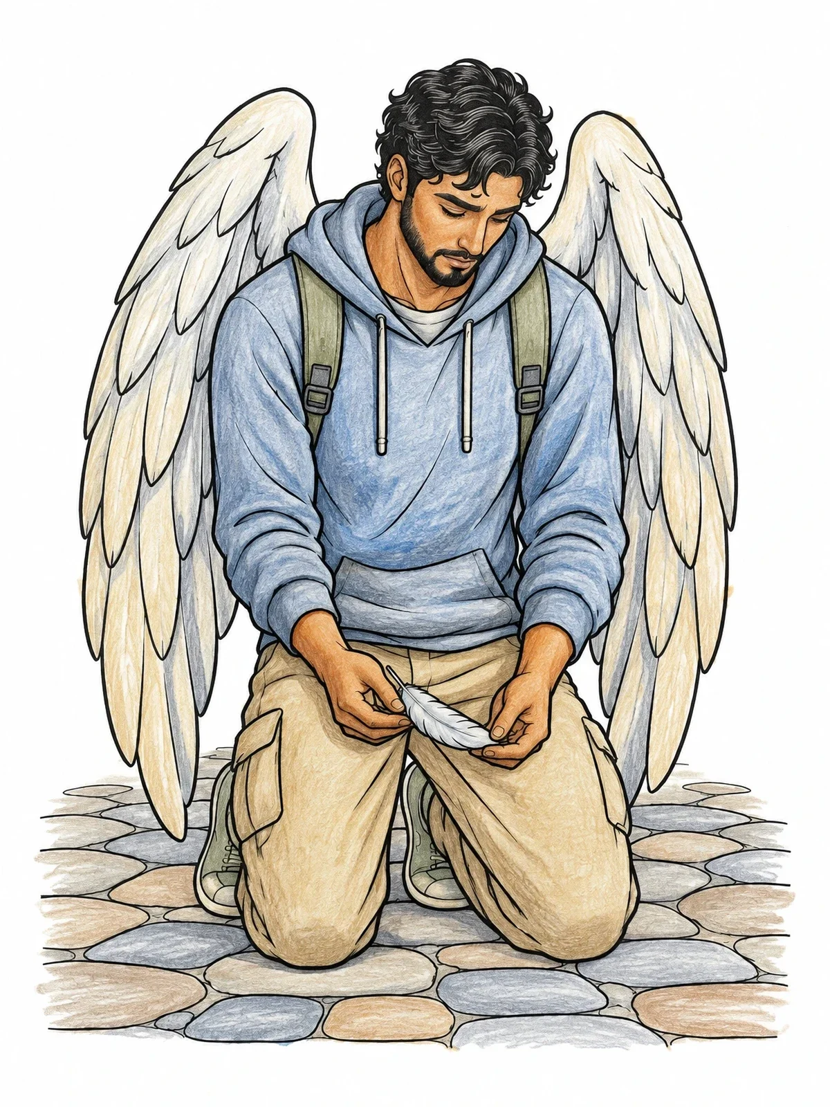 Colored example of the Kneeling Winged Youth With Feather coloring page