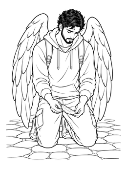 Free printable Kneeling Winged Youth With Feather coloring page