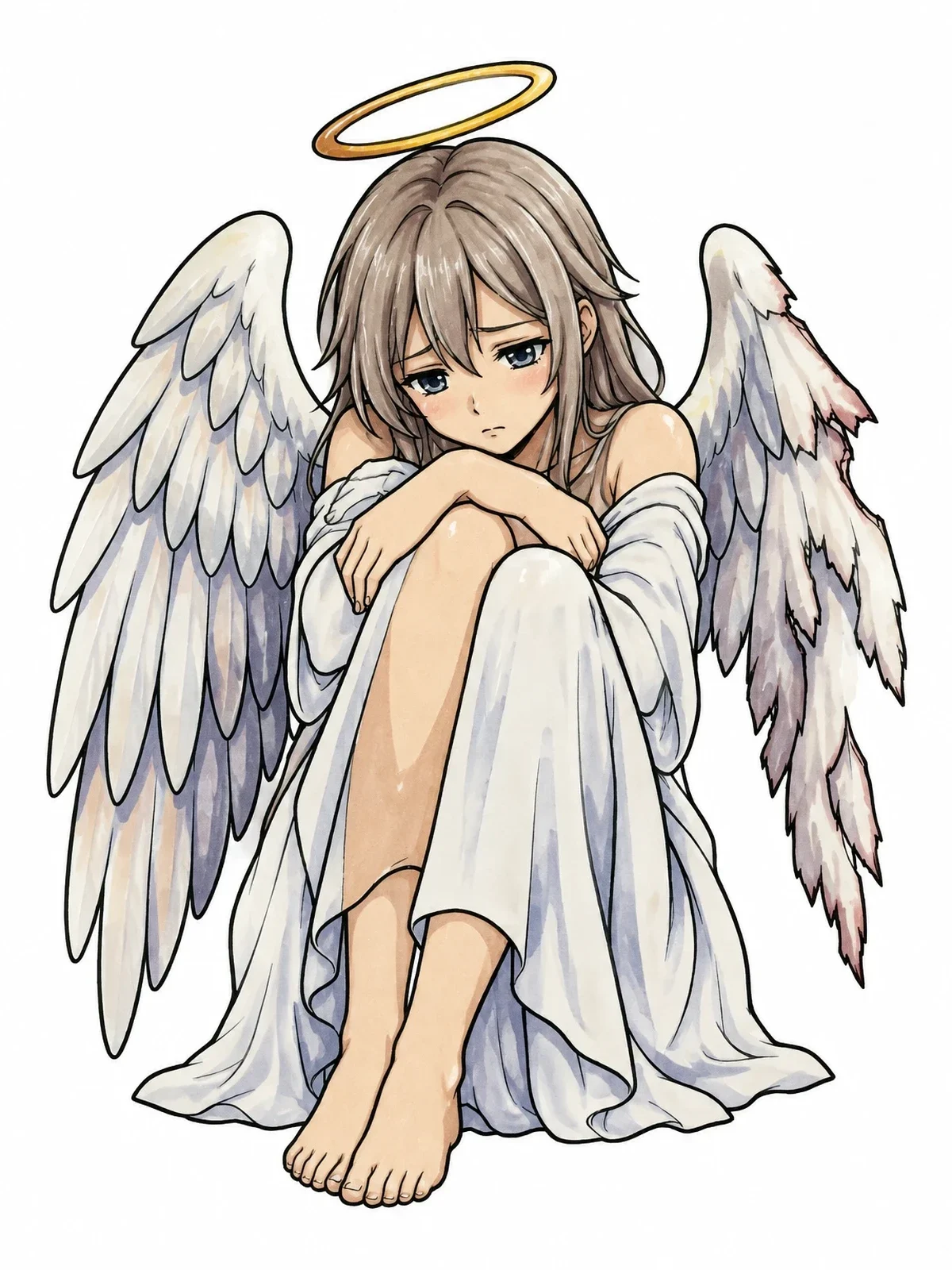 Colored example of the Sad Anime Fallen Angel coloring page
