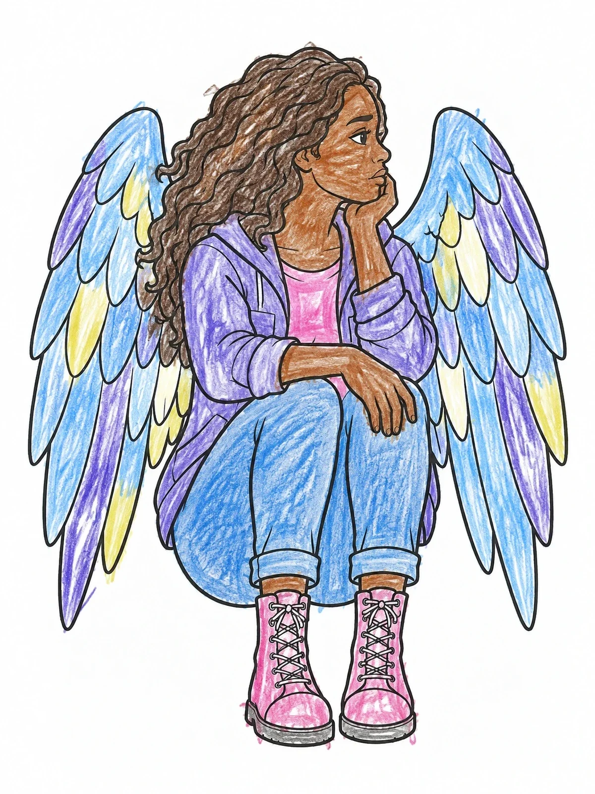 Colored example of the Thoughtful Winged Girl With Boots coloring page