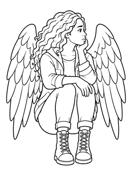 Free printable Thoughtful Winged Girl With Boots coloring page