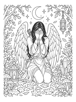 A broken angel fallen angel coloring page showing a winged figure kneeling among autumn leaves and lanterns.