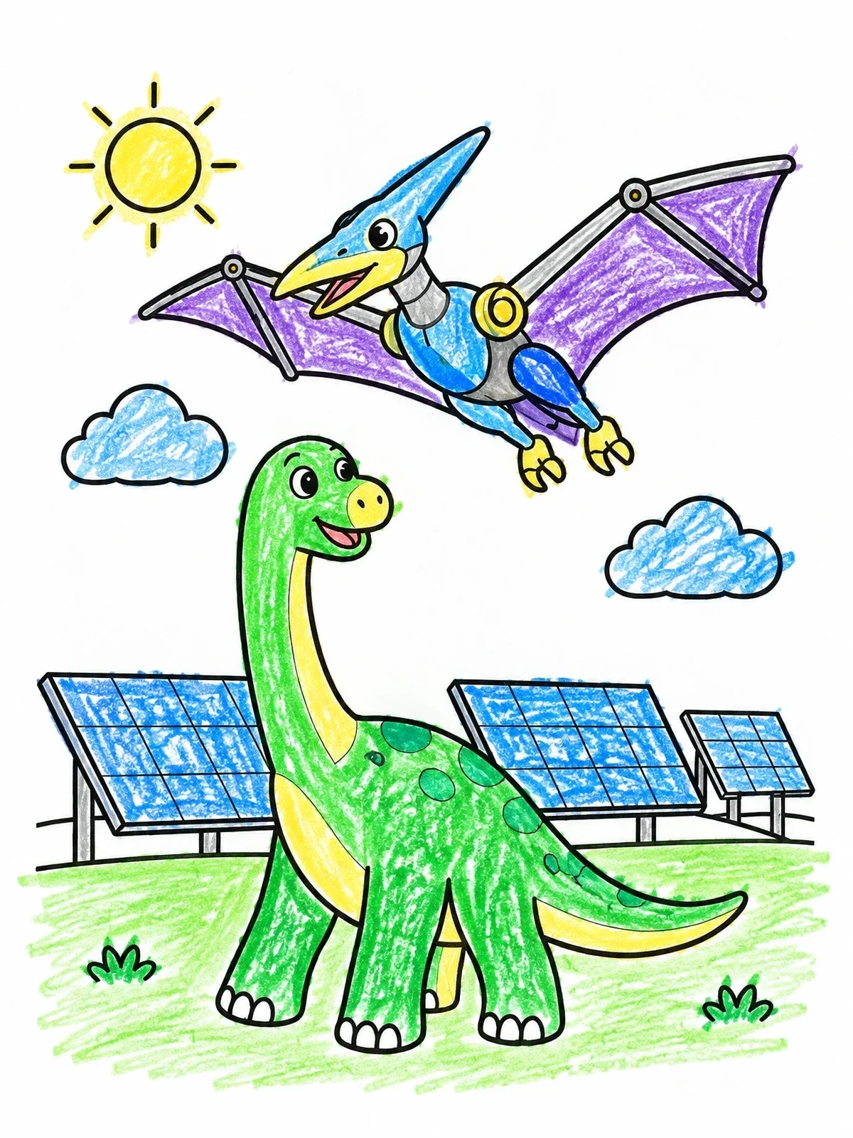 Colored example of the Brontosaurus And Flying Mecha Pteranodon coloring page