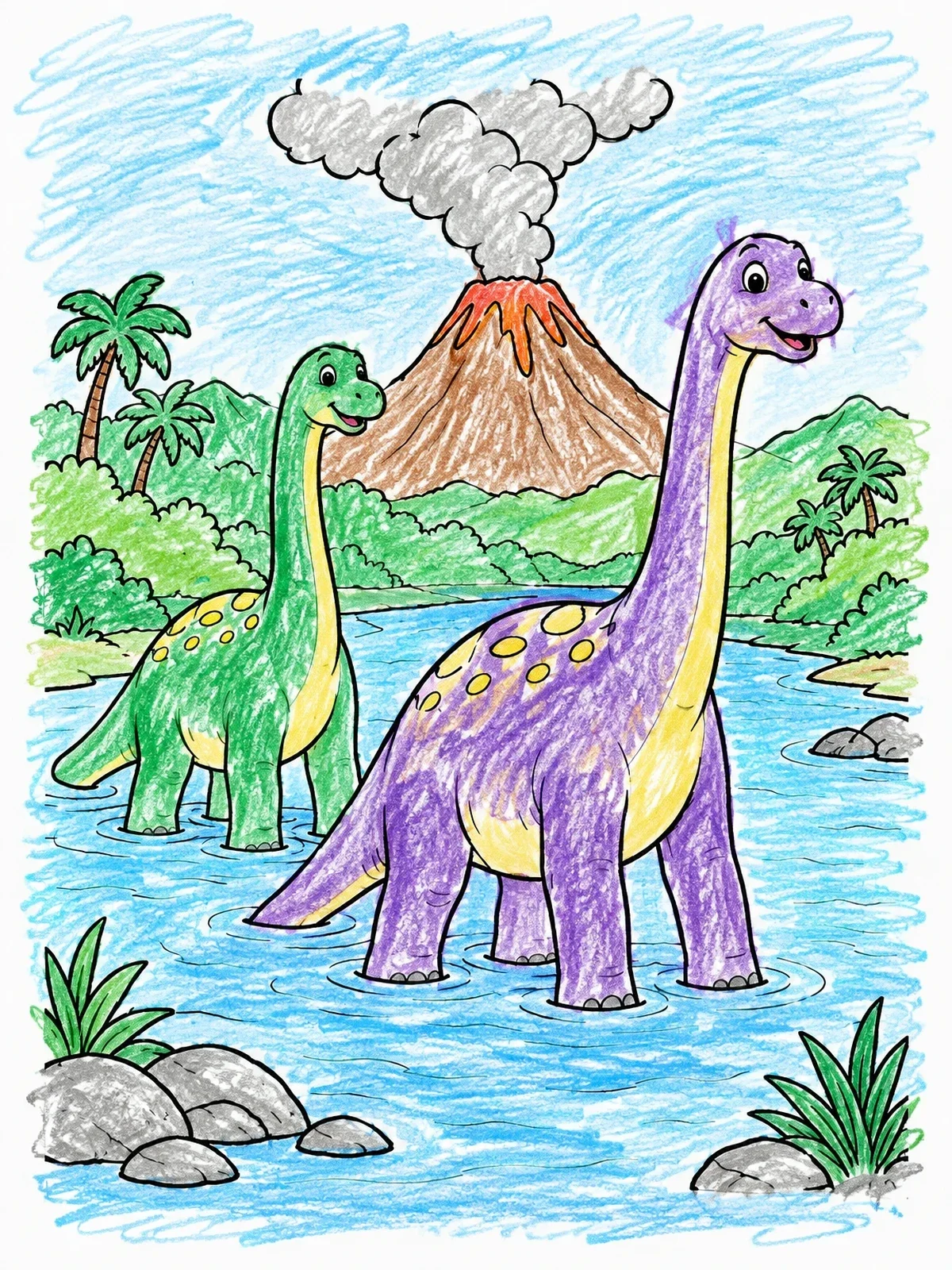 Colored example of the Friendly Brontosaurs Wading By A Volcano coloring page