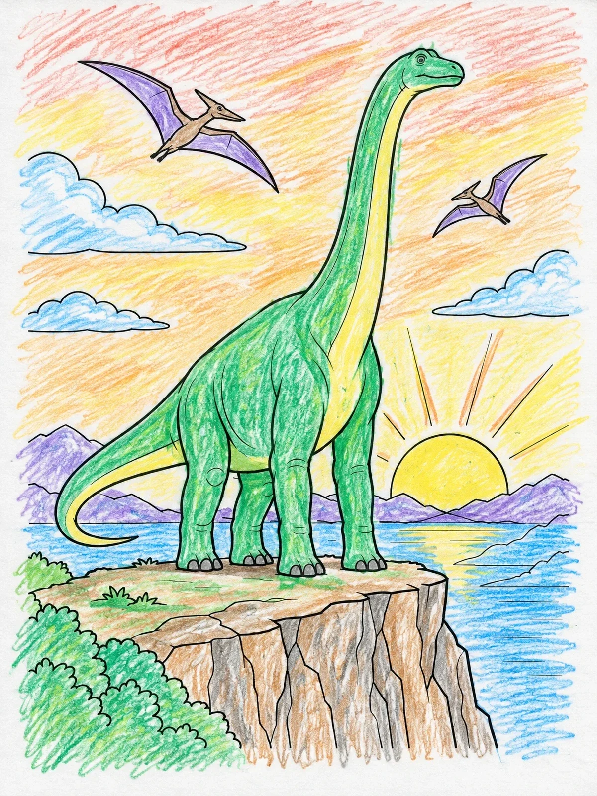 Colored example of the Brontosaurus On A Cliff At Sunrise coloring page