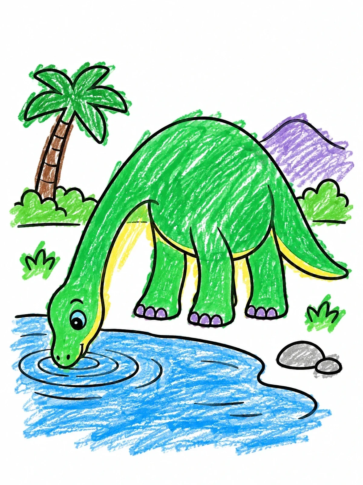 Colored example of the Cute Brontosaurus Drinking Water coloring page