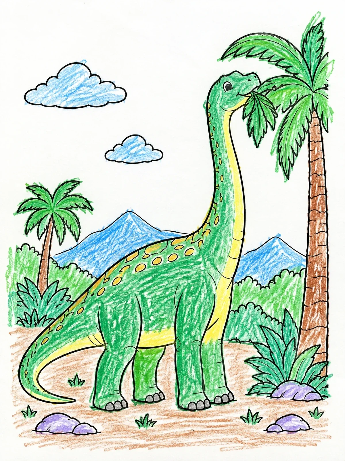 Colored example of the Brontosaurus Munching On Palm Leaves coloring page
