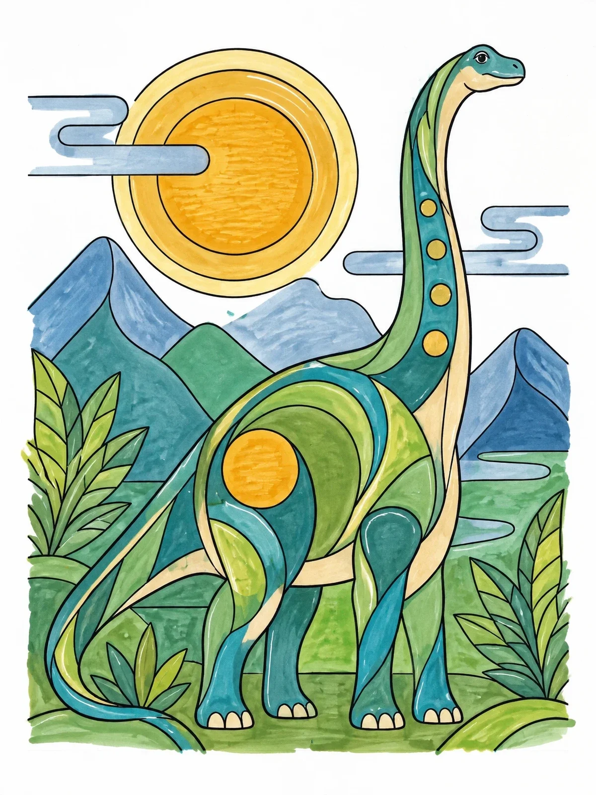 Colored example of the Graceful Brontosaurus In Geometric Landscape coloring page