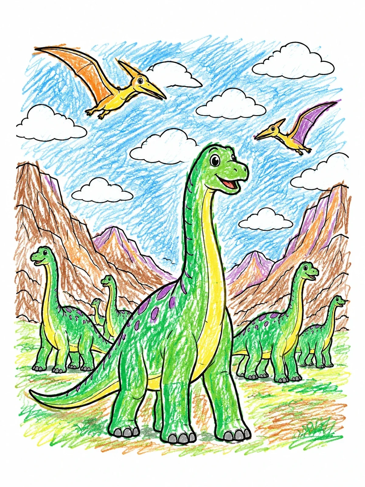 Colored example of the Brontosaurus Herd In The Valley coloring page