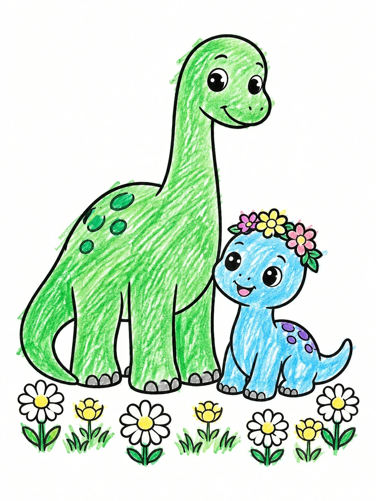 Colored example of the Cute Brontosaurus Pair With Flower Crown coloring page