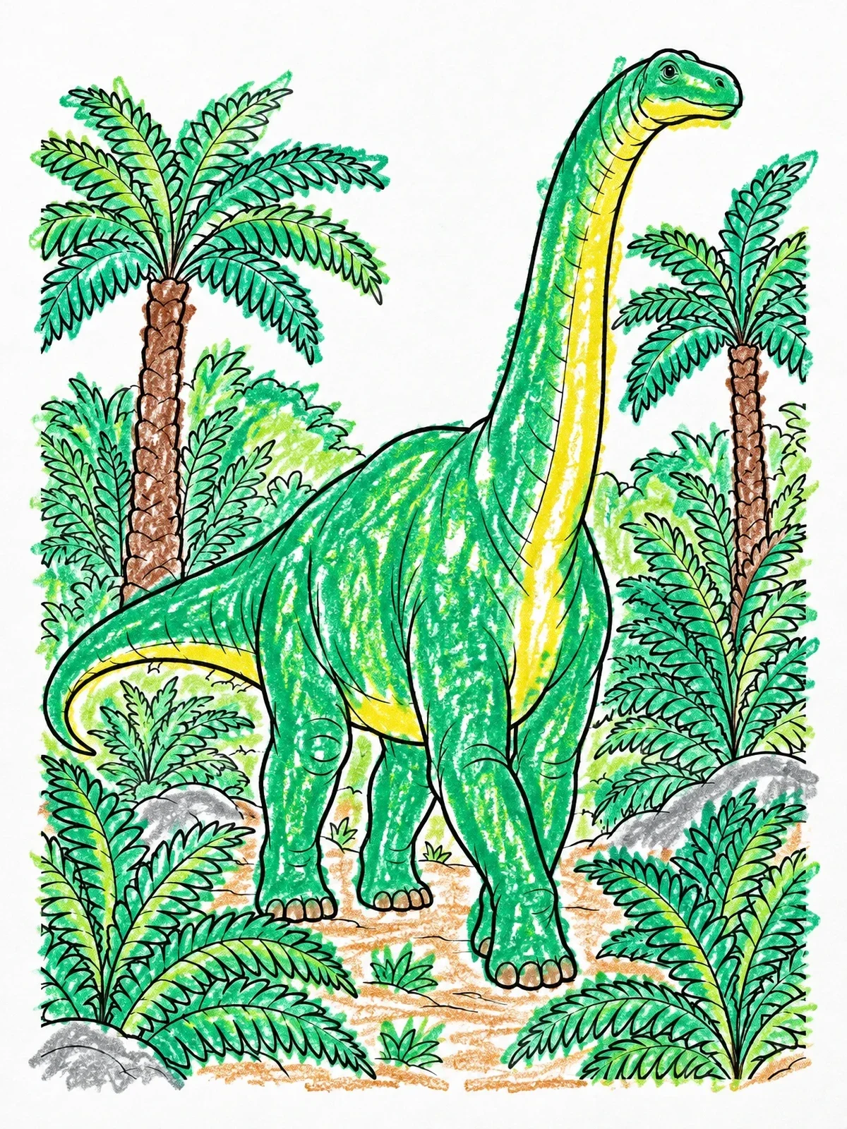 Colored example of the Brontosaurus Walking Through Prehistoric Jungle coloring page