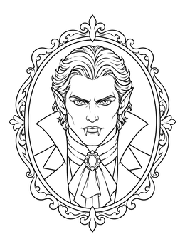 Portrait of a gothic count in a vampire coloring page with an antique oval frame.