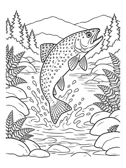 A brook trout jumps from a stream on this pennsylvania state coloring page with ferns and mountains.
