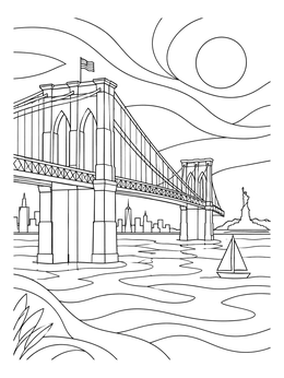 A detailed brooklyn bridge coloring page featuring the New York harbor and skyline.