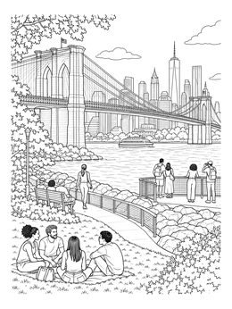 A scenic brooklyn bridge coloring page showing visitors relaxing by the river with city views.