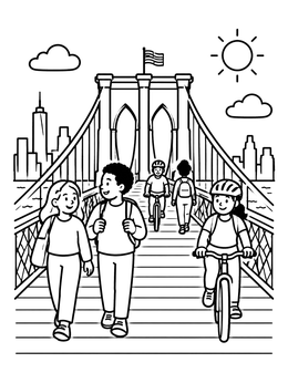 Free printable Sunny Walk Across Brooklyn Bridge coloring page