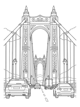 Cars driving across a grand suspension bridge in this brooklyn bridge coloring page.